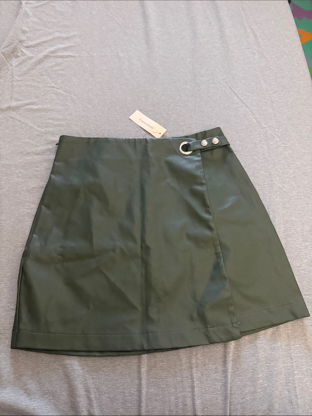 Francesca's Collections Olive Green Faux Leather Mini Skirt with Ring Detail